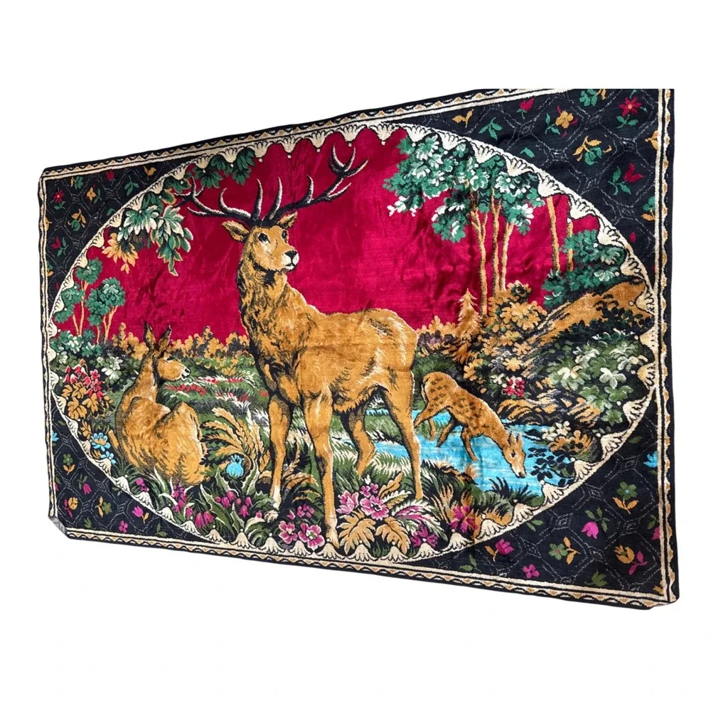 Vintage Velvet Deer Tapestry Forest Stag Wall Hanging Rug Morocco 5'9